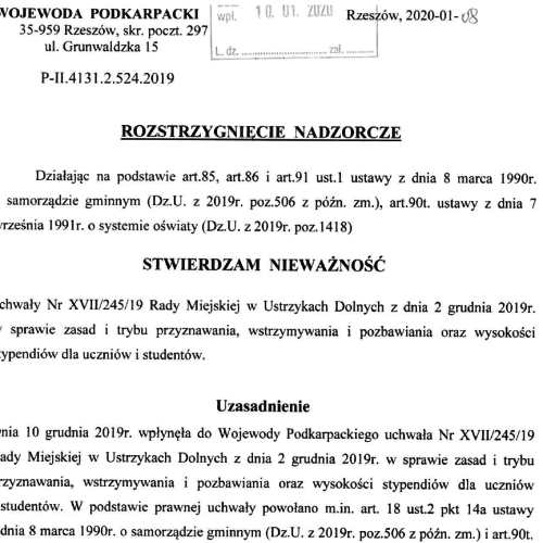 Uchwała Rady Miejskiej o stypendiach uchylona